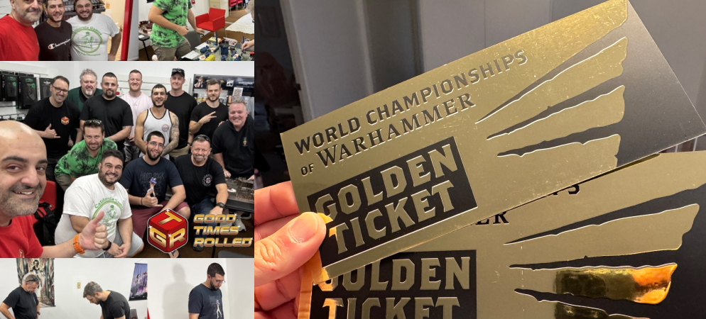 People at a tournament and a couple of golden tickets to the World Championships of Warhammer